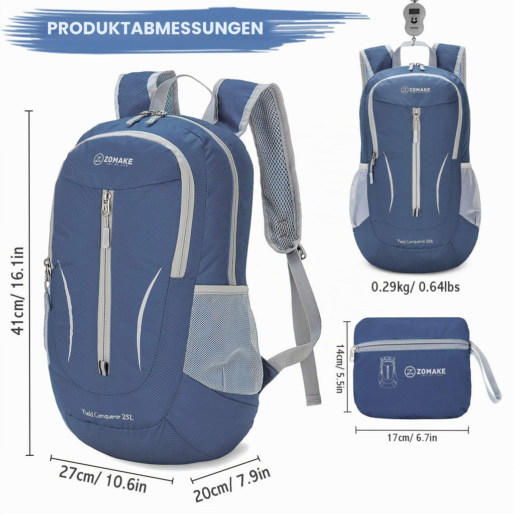 ZOMAKE 25L Faltbarer Rucksack Ultraleicht – Rucksack Damen Klein, Wanderrucksack Herren, Leichter Tagesrucksack & Trekkingrucksack, Wasserabweisend für Reisen, Camping und Outdoor (Marineblau)