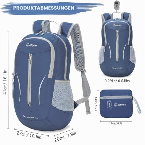 ZOMAKE 25L Faltbarer Rucksack Ultraleicht – Rucksack Damen Klein, Wanderrucksack Herren, Leichter Tagesrucksack & Trekkingrucksack, Wasserabweisend für Reisen, Camping und Outdoor (Marineblau)