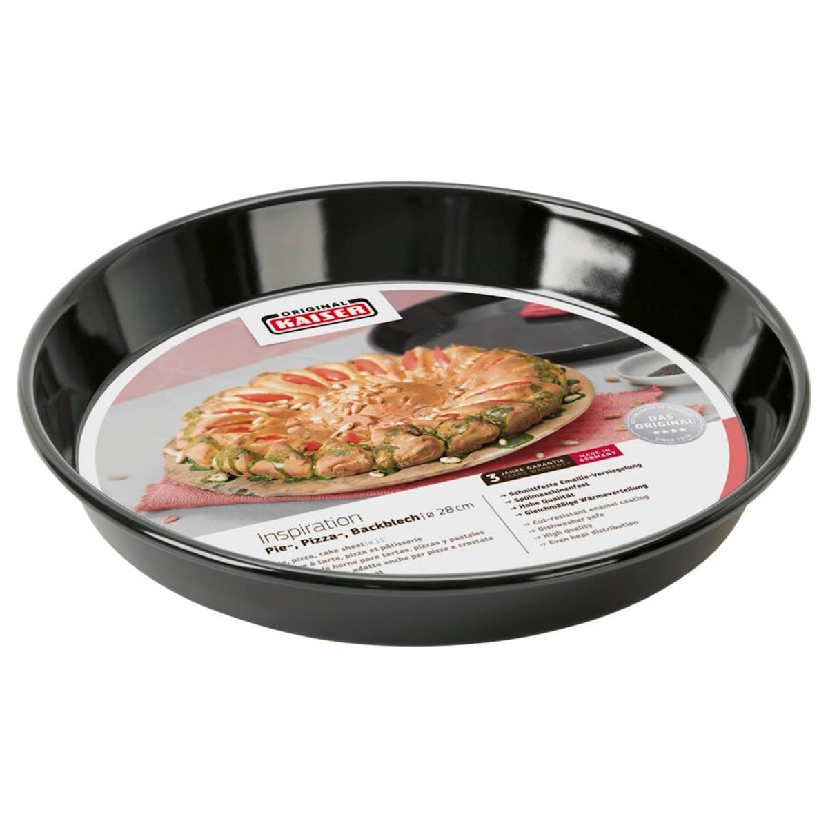 Original Kaiser Inspiration Pizzablech-Backblech rund 28 cm, Blech antihaftbeschichtet, schnittfester Emaille-Boden, spülmaschinengeeignet, formstabil, Schwarz