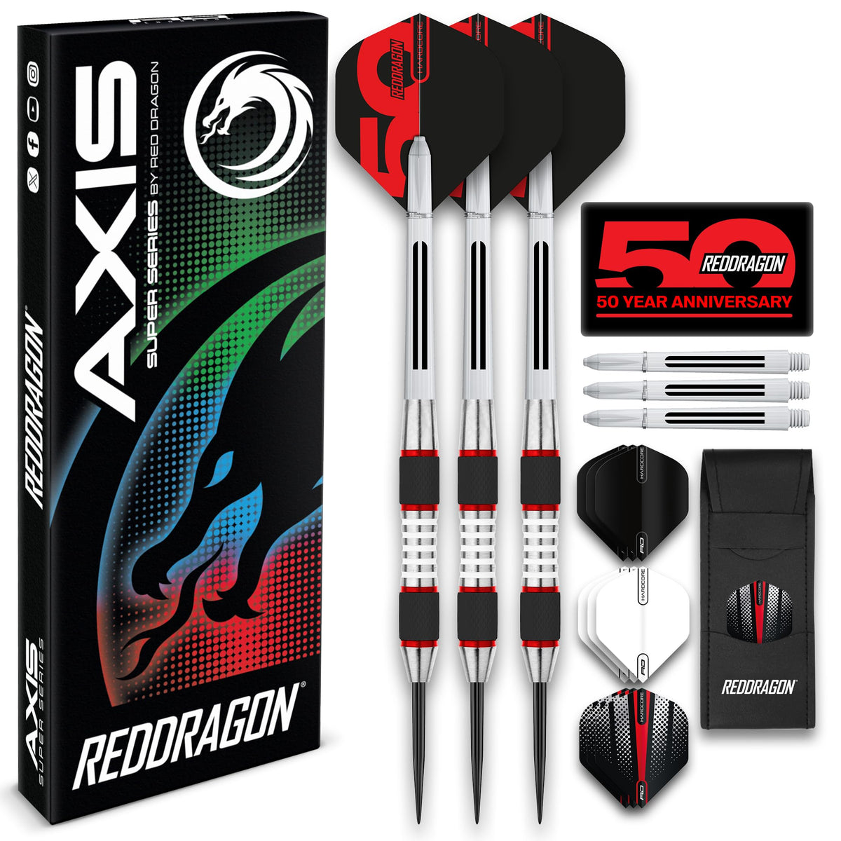 RED DRAGON Darts – Axis Series – 85% Wolfram - Profi Satz Dartpfeile Metallspitze mit Dart Flüge und Schäften - Erhältlich in Rot, Grün & Blau - Steeldarts 24g, 26g & 28g