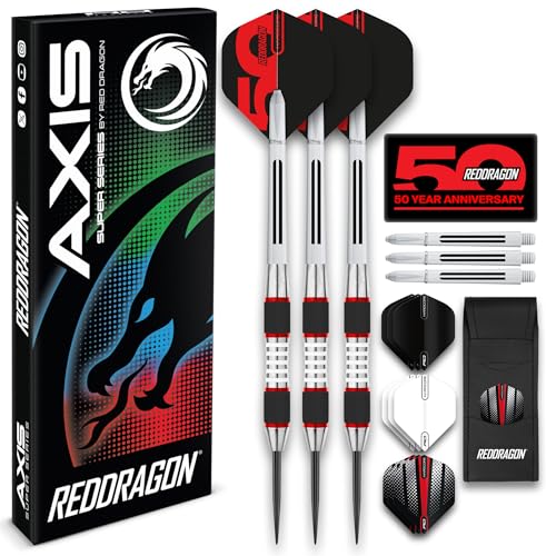RED DRAGON Darts – Axis Series – 85% Wolfram - Profi Satz Dartpfeile Metallspitze mit Dart Flüge und Schäften - Erhältlich in Rot, Grün & Blau - Steeldarts 24g, 26g & 28g