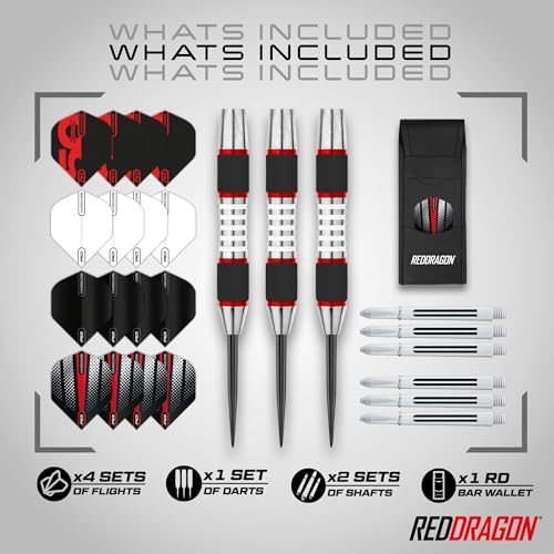 RED DRAGON Darts – Axis Series – 85% Wolfram - Profi Satz Dartpfeile Metallspitze mit Dart Flüge und Schäften - Erhältlich in Rot, Grün & Blau - Steeldarts 24g, 26g & 28g