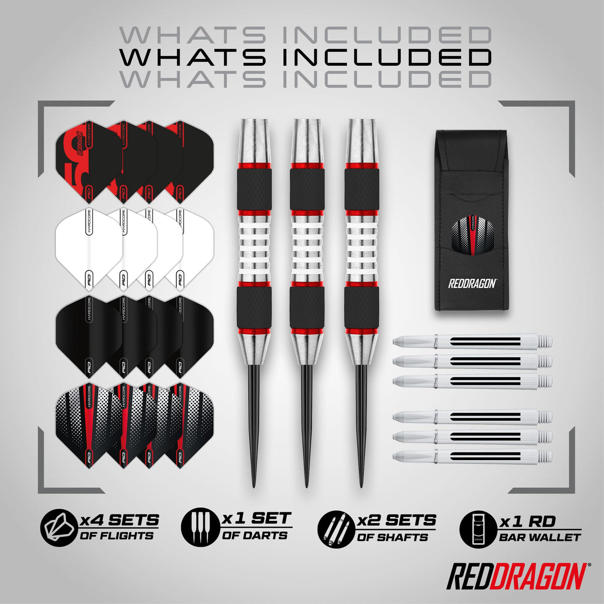 RED DRAGON Darts – Axis Series – 85% Wolfram - Profi Satz Dartpfeile Metallspitze mit Dart Flüge und Schäften - Erhältlich in Rot, Grün & Blau - Steeldarts 24g, 26g & 28g