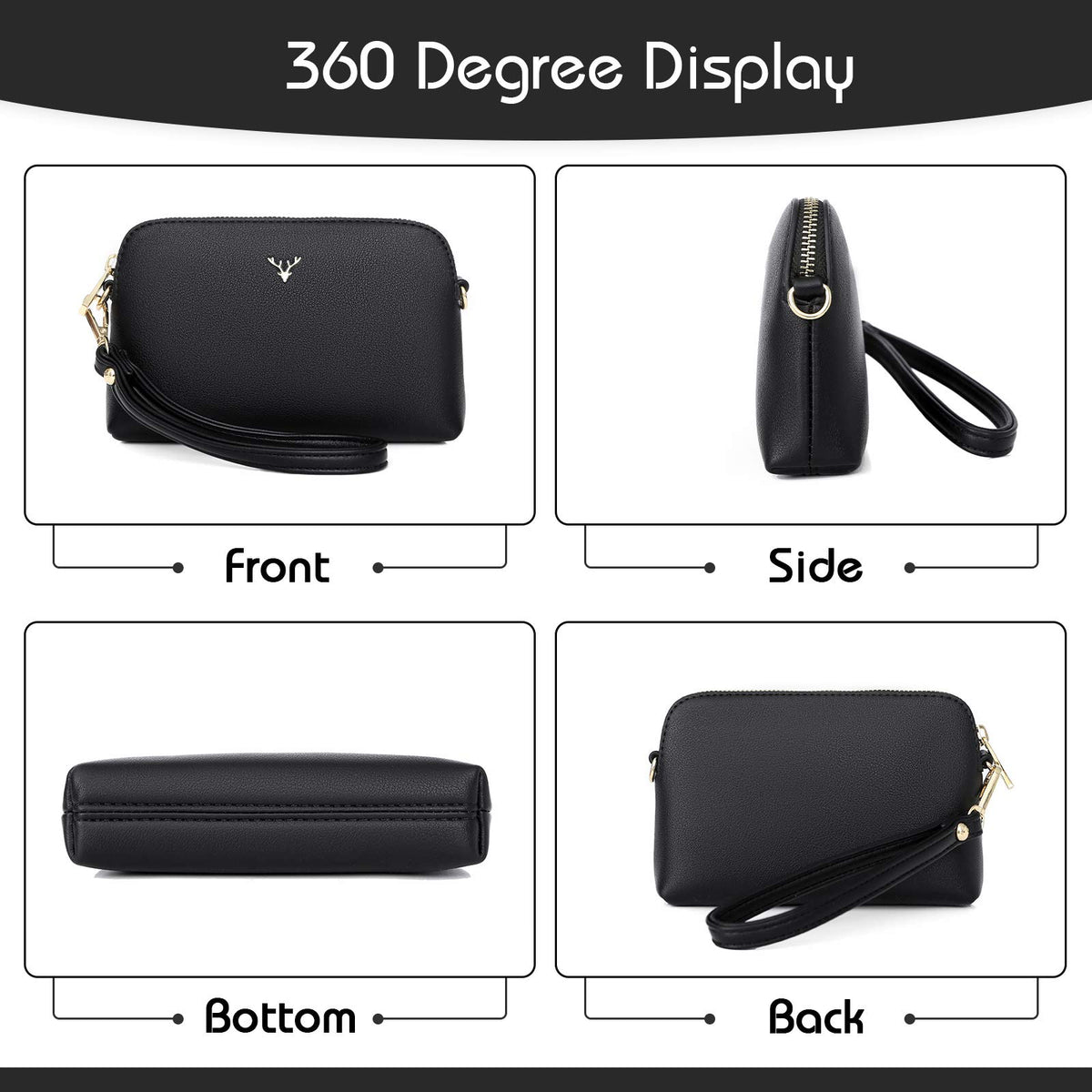 ZMDB Handtasche Damen Klein Umhängetasche Damen PU Leder Handytasche mit Handgelenkband & Verstellbar Abnehmbar Schultergurt, Schultertasche Damen Tasche Reißverschluss Crossbody Bag, Schwarz