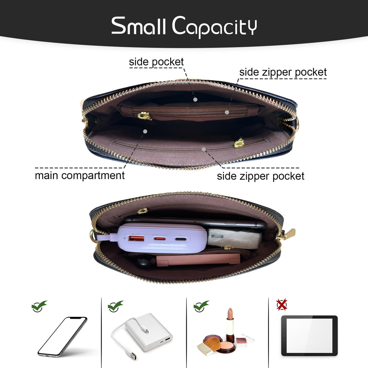 ZMDB Handtasche Damen Klein Umhängetasche Damen PU Leder Handytasche mit Handgelenkband & Verstellbar Abnehmbar Schultergurt, Schultertasche Damen Tasche Reißverschluss Crossbody Bag, Schwarz