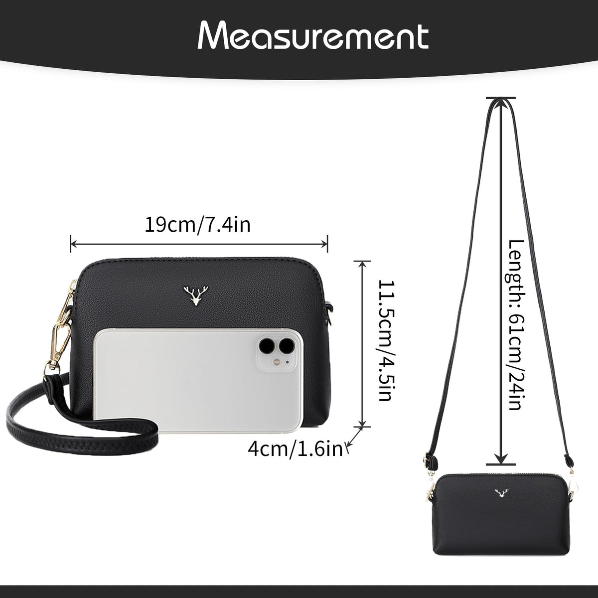 ZMDB Handtasche Damen Klein Umhängetasche Damen PU Leder Handytasche mit Handgelenkband & Verstellbar Abnehmbar Schultergurt, Schultertasche Damen Tasche Reißverschluss Crossbody Bag, Schwarz