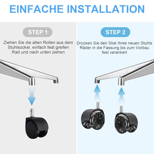 Bürostuhl Rollen 11 mm x 22 mm 5er Set Grau Gummi Rollen für Bürostühle Schreibtischstuh mit Doppelrädern Stuhlrollen für Parkett Geeignet Harte Böden Leises & Sanftes Gleiten