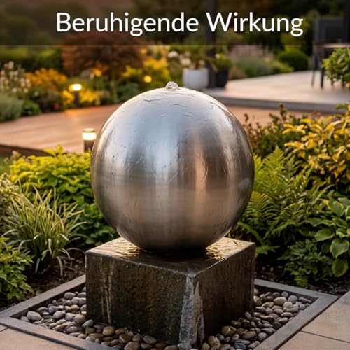 Kugelbrunnen aus matt gebürstetem Edelstahl D: 48 cm – Edelstahlkugel matt für Gartenbrunnen, Wasserspiel Garten, 30 mm Lochbohrung, 3/4 Zoll Schlauchanschluss, Edelstahlbrunnen für DIY Brunnenanlagen