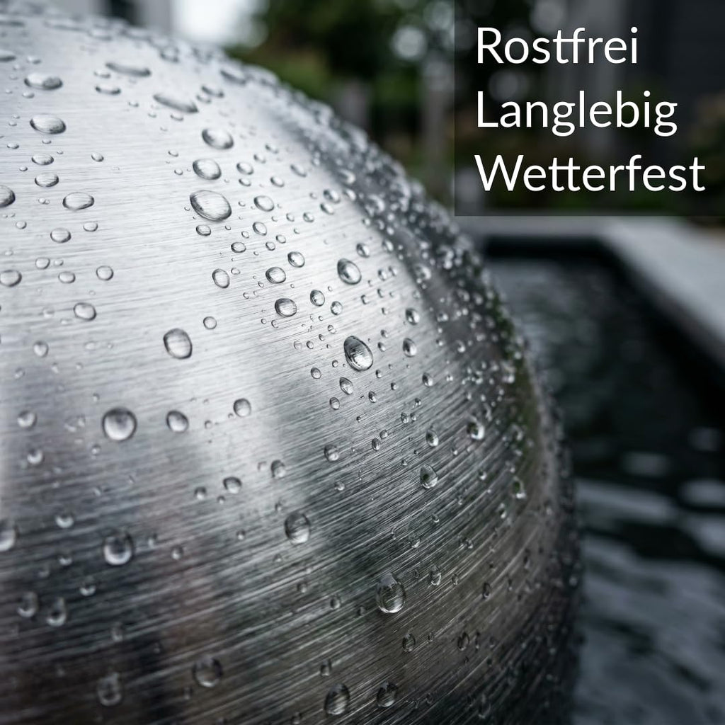 Kugelbrunnen aus matt gebürstetem Edelstahl D: 48 cm – Edelstahlkugel matt für Gartenbrunnen, Wasserspiel Garten, 30 mm Lochbohrung, 3/4 Zoll Schlauchanschluss, Edelstahlbrunnen für DIY Brunnenanlagen