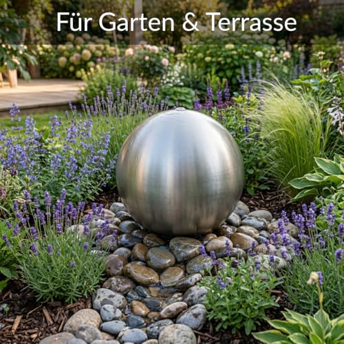 Kugelbrunnen aus matt gebürstetem Edelstahl D: 48 cm – Edelstahlkugel matt für Gartenbrunnen, Wasserspiel Garten, 30 mm Lochbohrung, 3/4 Zoll Schlauchanschluss, Edelstahlbrunnen für DIY Brunnenanlagen