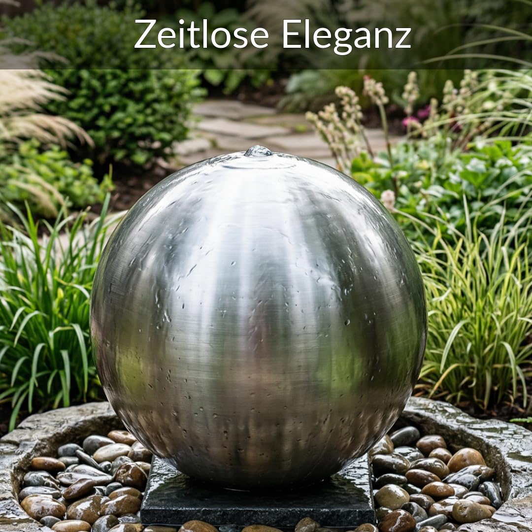 Kugelbrunnen aus matt gebürstetem Edelstahl D: 48 cm – Edelstahlkugel matt für Gartenbrunnen, Wasserspiel Garten, 30 mm Lochbohrung, 3/4 Zoll Schlauchanschluss, Edelstahlbrunnen für DIY Brunnenanlagen