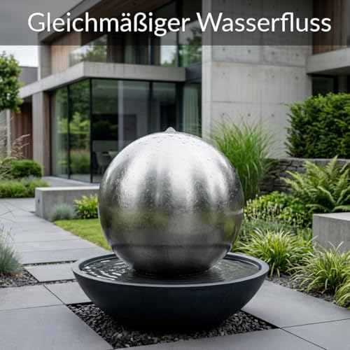Kugelbrunnen aus matt gebürstetem Edelstahl D: 48 cm – Edelstahlkugel matt für Gartenbrunnen, Wasserspiel Garten, 30 mm Lochbohrung, 3/4 Zoll Schlauchanschluss, Edelstahlbrunnen für DIY Brunnenanlagen