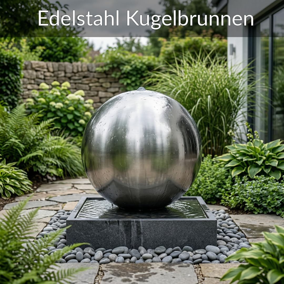 Kugelbrunnen aus matt gebürstetem Edelstahl D: 48 cm – Edelstahlkugel matt für Gartenbrunnen, Wasserspiel Garten, 30 mm Lochbohrung, 3/4 Zoll Schlauchanschluss, Edelstahlbrunnen für DIY Brunnenanlagen