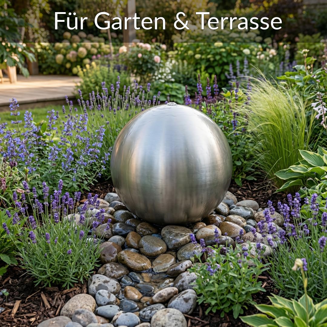 Kugelbrunnen aus matt gebürstetem Edelstahl D: 48 cm – Edelstahlkugel matt für Gartenbrunnen, Wasserspiel Garten, 30 mm Lochbohrung, 3/4 Zoll Schlauchanschluss, Edelstahlbrunnen für DIY Brunnenanlagen