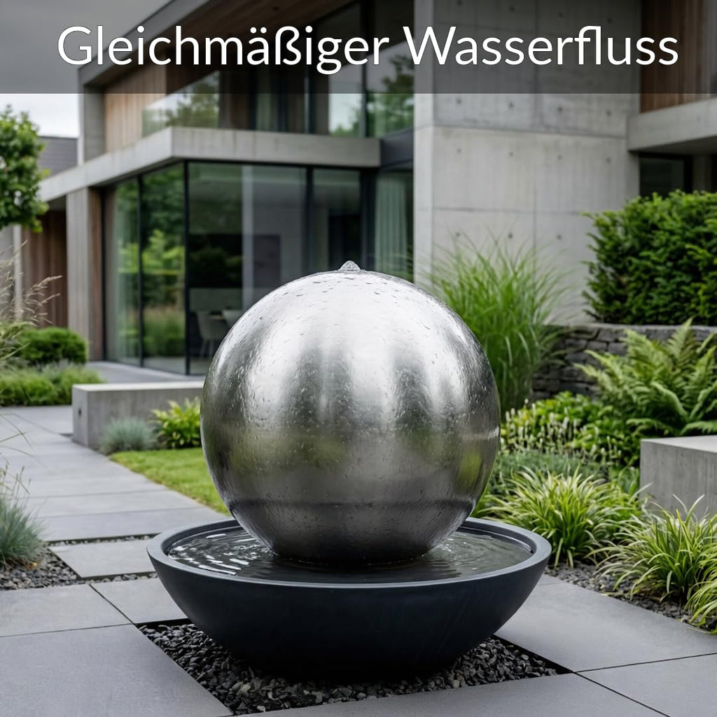 Kugelbrunnen aus matt gebürstetem Edelstahl D: 48 cm – Edelstahlkugel matt für Gartenbrunnen, Wasserspiel Garten, 30 mm Lochbohrung, 3/4 Zoll Schlauchanschluss, Edelstahlbrunnen für DIY Brunnenanlagen