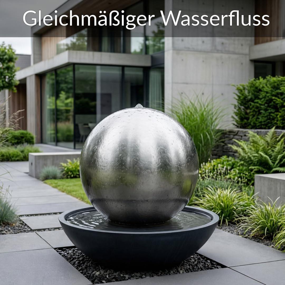 Kugelbrunnen aus matt gebürstetem Edelstahl D: 48 cm – Edelstahlkugel matt für Gartenbrunnen, Wasserspiel Garten, 30 mm Lochbohrung, 3/4 Zoll Schlauchanschluss, Edelstahlbrunnen für DIY Brunnenanlagen