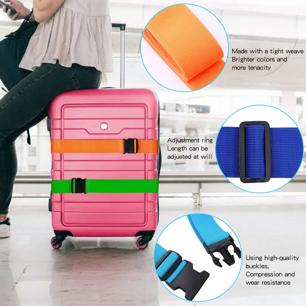 Koffergurt 4 Stück, Kofferband Auffällig mit 2 Etiketten, Verstellbare Kofferband Gurt, Sicheres Gürtel-Zubehör-Set für Reisetasche, Mehrfarbige Luggage Strap, 180 cm Länge