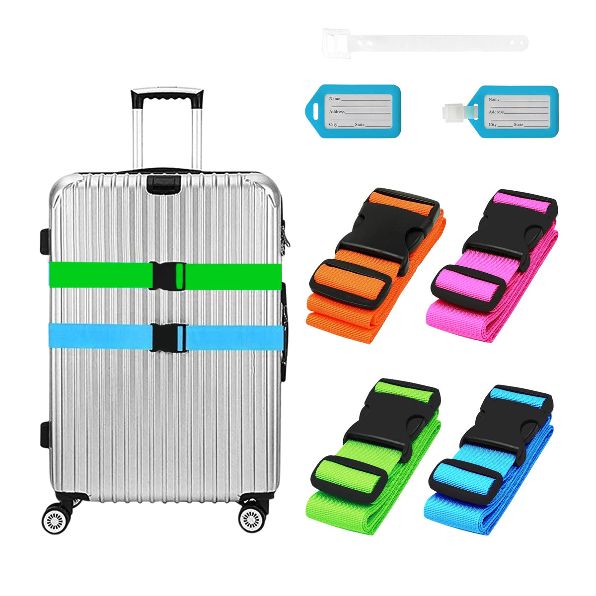 Koffergurt 4 Stück, Kofferband Auffällig mit 2 Etiketten, Verstellbare Kofferband Gurt, Sicheres Gürtel-Zubehör-Set für Reisetasche, Mehrfarbige Luggage Strap, 180 cm Länge