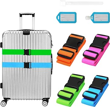 Koffergurt 4 Stück, Kofferband Auffällig mit 2 Etiketten, Verstellbare Kofferband Gurt, Sicheres Gürtel-Zubehör-Set für Reisetasche, Mehrfarbige Luggage Strap, 180 cm Länge