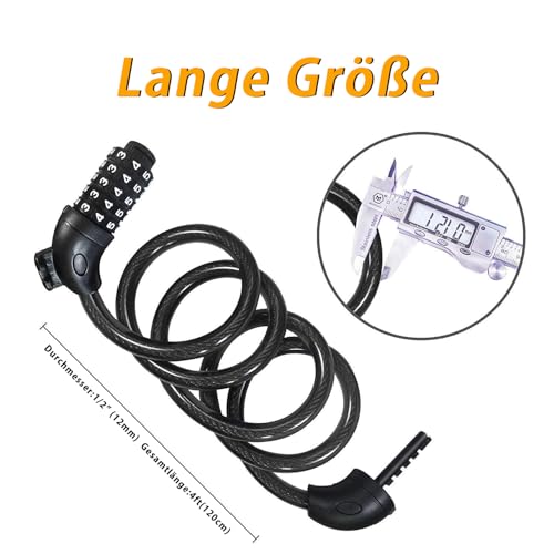 REHKITTZ Fahrradschloss 120cm/12mm Kabelschloss Sicherheitsstufe Sehr Hoch Mit 5-Stellig Zahlencode Zahlenschloss Fahrradhalterung Fahrradschloß zahlen für Fahrrad Tricycle Scooter BIKE LOCK