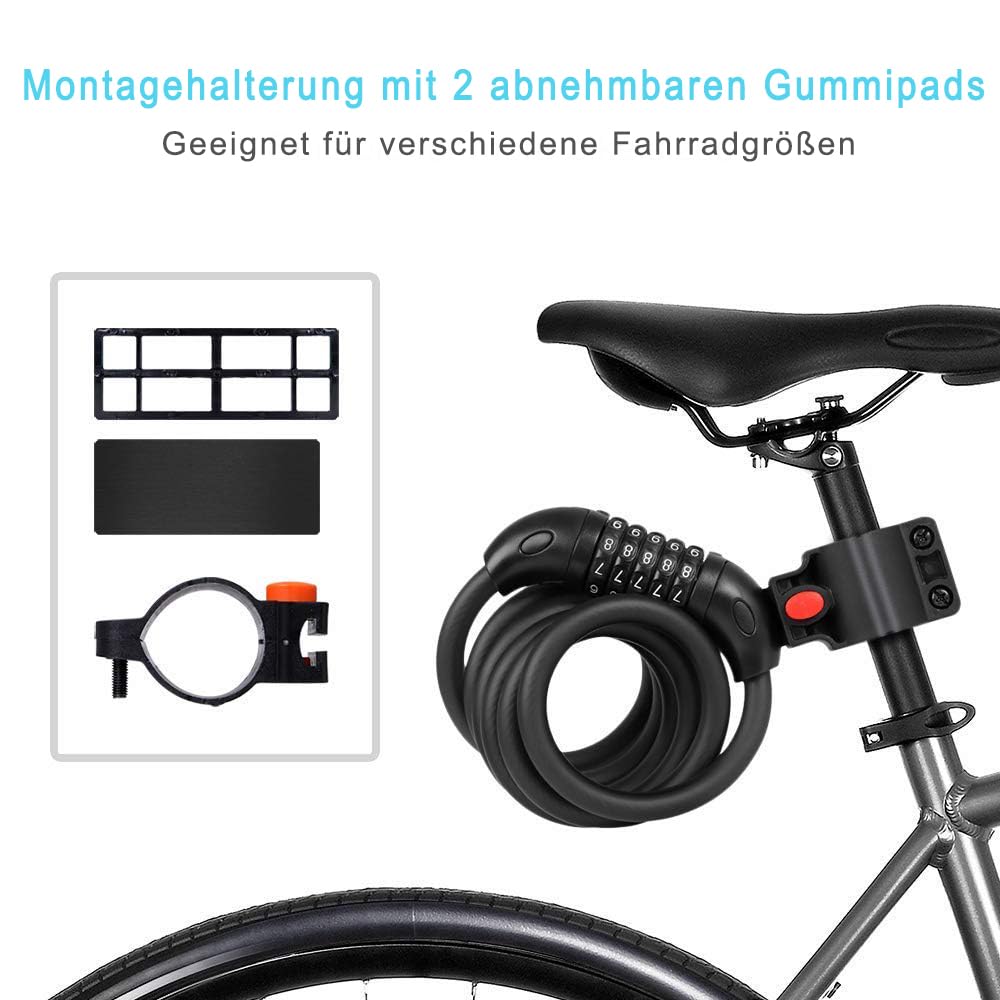 REHKITTZ Fahrradschloss 120cm/12mm Kabelschloss Sicherheitsstufe Sehr Hoch Mit 5-Stellig Zahlencode Zahlenschloss Fahrradhalterung Fahrradschloß zahlen für Fahrrad Tricycle Scooter BIKE LOCK
