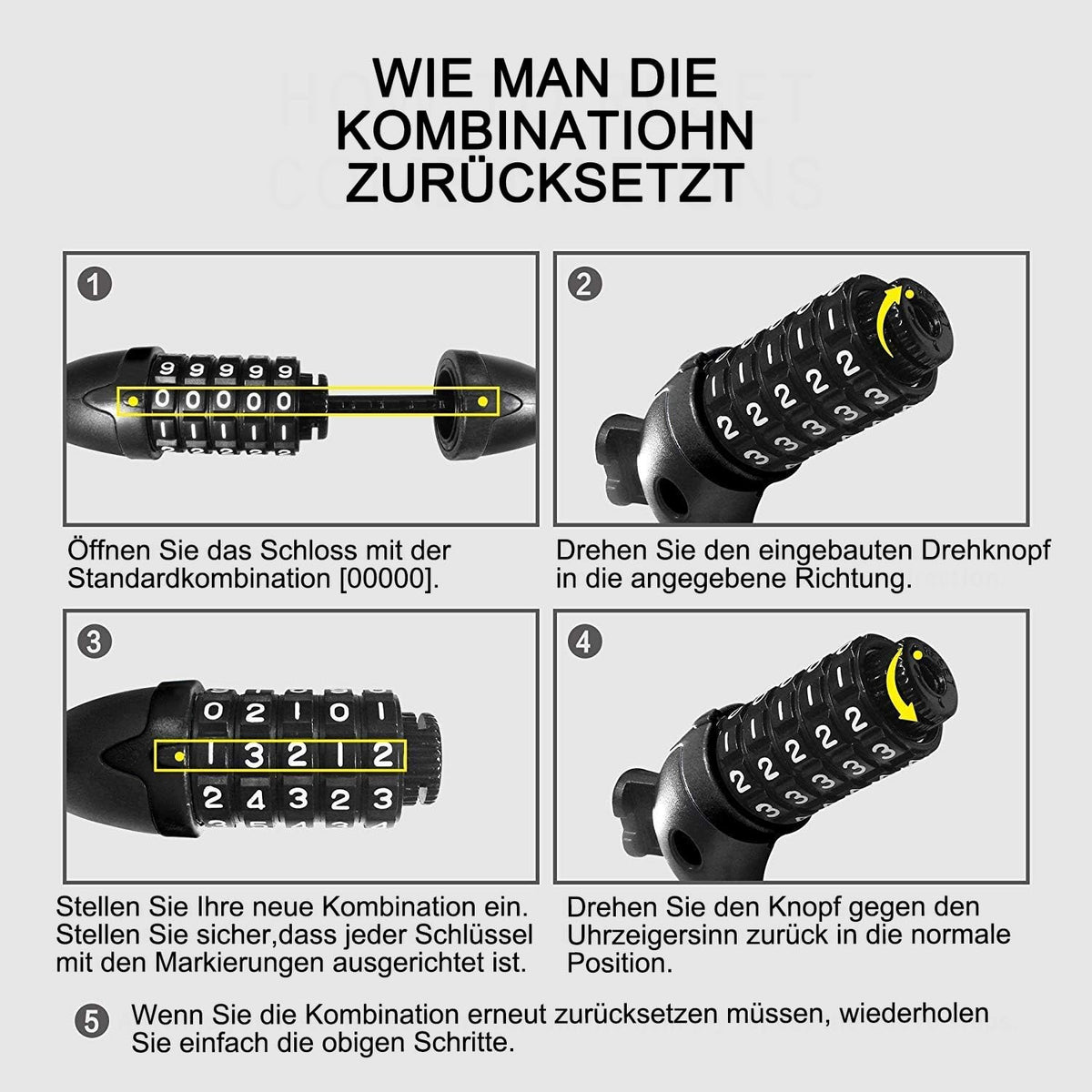 REHKITTZ Fahrradschloss 120cm/12mm Kabelschloss Sicherheitsstufe Sehr Hoch Mit 5-Stellig Zahlencode Zahlenschloss Fahrradhalterung Fahrradschloß zahlen für Fahrrad Tricycle Scooter BIKE LOCK