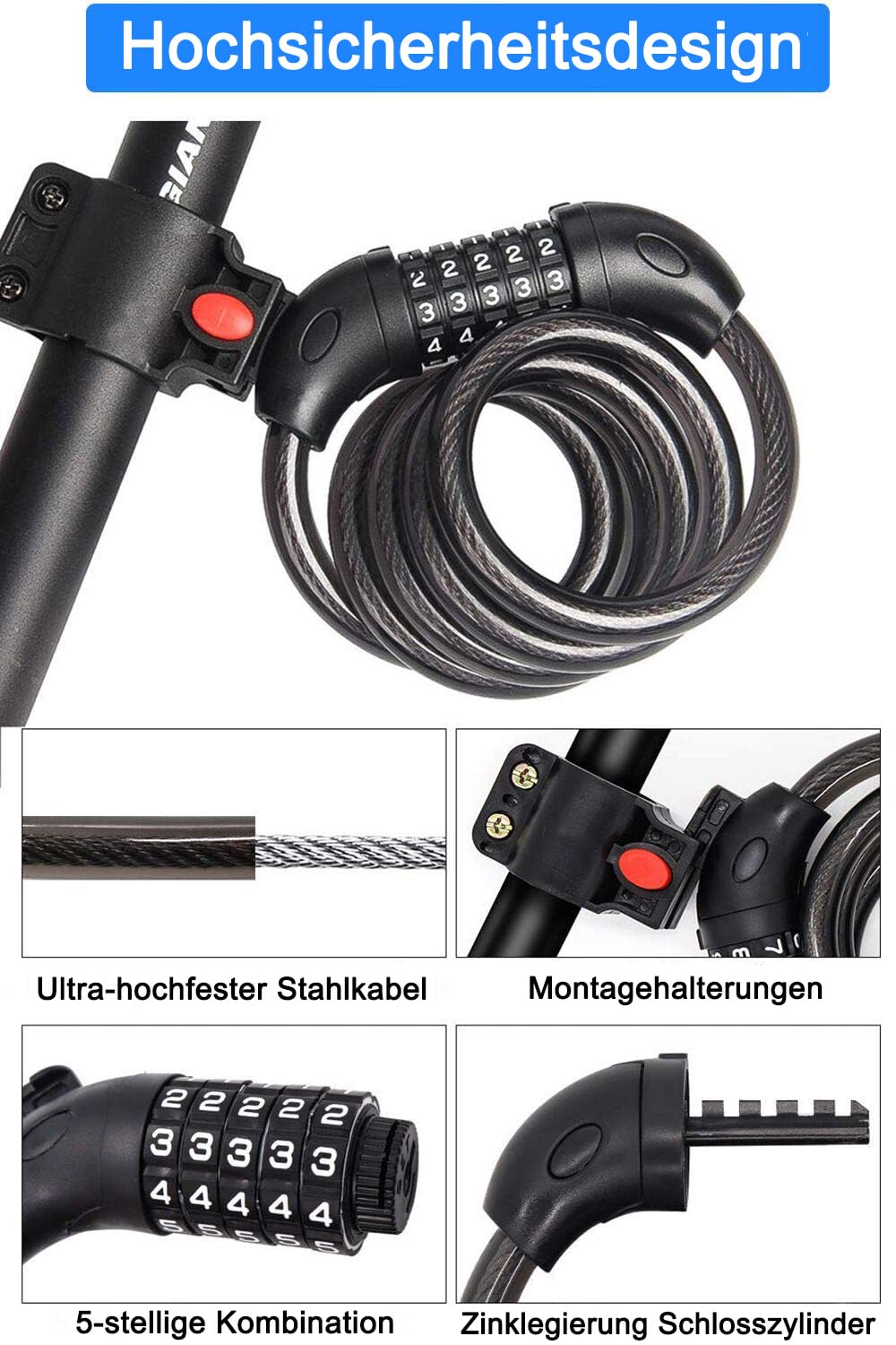 REHKITTZ Fahrradschloss 120cm/12mm Kabelschloss Sicherheitsstufe Sehr Hoch Mit 5-Stellig Zahlencode Zahlenschloss Fahrradhalterung Fahrradschloß zahlen für Fahrrad Tricycle Scooter BIKE LOCK
