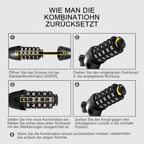 REHKITTZ Fahrradschloss 120cm/12mm Kabelschloss Sicherheitsstufe Sehr Hoch Mit 5-Stellig Zahlencode Zahlenschloss Fahrradhalterung Fahrradschloß zahlen für Fahrrad Tricycle Scooter BIKE LOCK