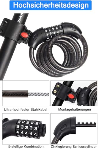 REHKITTZ Fahrradschloss 120cm/12mm Kabelschloss Sicherheitsstufe Sehr Hoch Mit 5-Stellig Zahlencode Zahlenschloss Fahrradhalterung Fahrradschloß zahlen für Fahrrad Tricycle Scooter BIKE LOCK