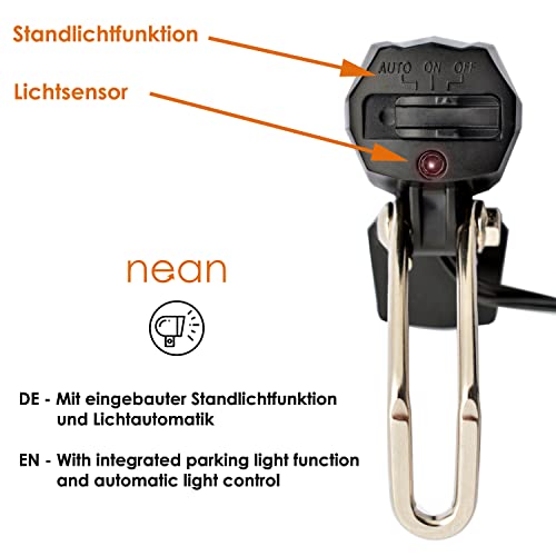nean LED Dynamo Fahrradlicht 30 LUX mit Lichtautomatik, Standlicht und StVZO Zulassung, Fahrradlampe, Fahrrad Frontlicht, Fahrradleuchte vorne, Scheinwerfer, schwarz