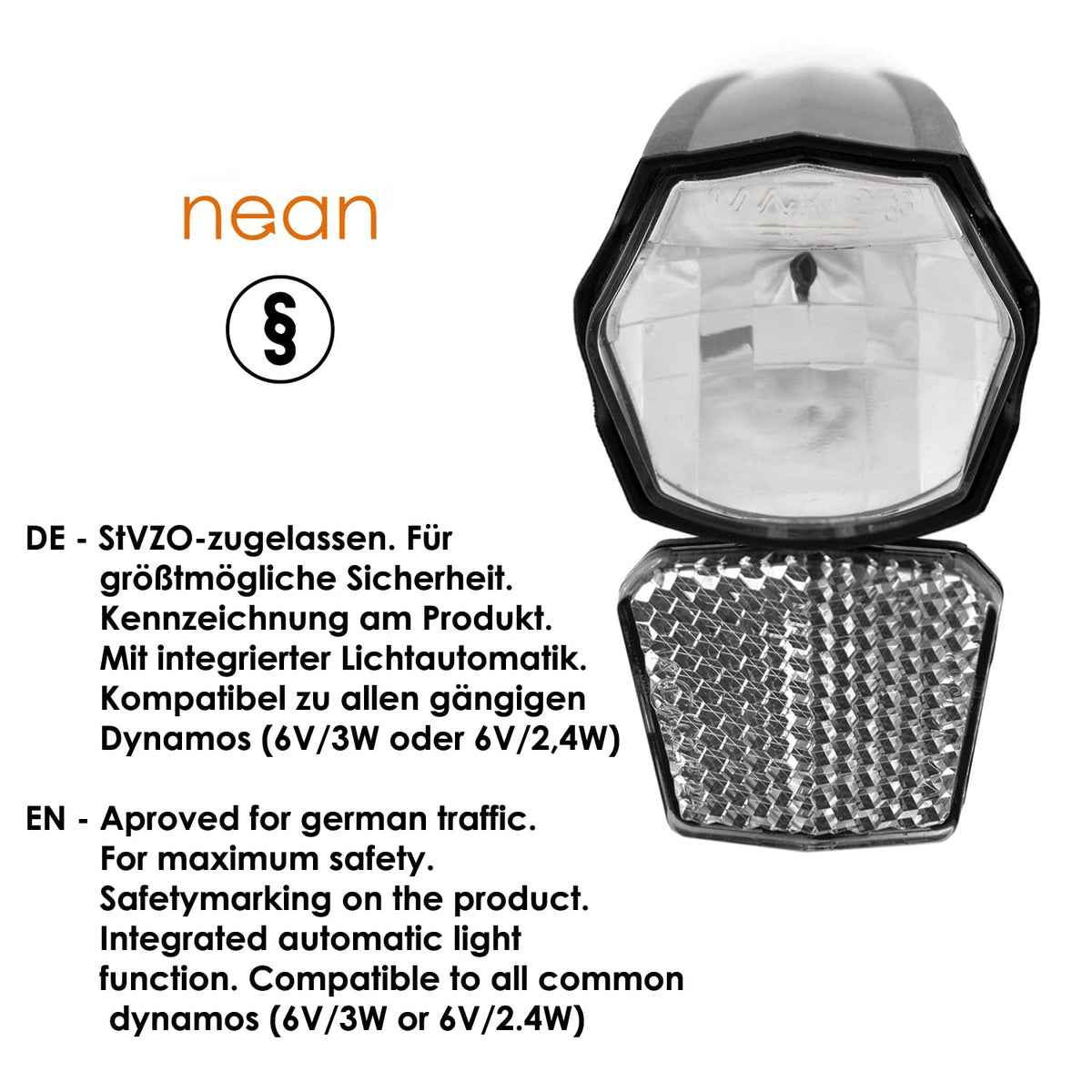 nean LED Dynamo Fahrradlicht 30 LUX mit Lichtautomatik, Standlicht und StVZO Zulassung, Fahrradlampe, Fahrrad Frontlicht, Fahrradleuchte vorne, Scheinwerfer, schwarz