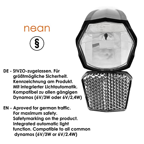 nean LED Dynamo Fahrradlicht 30 LUX mit Lichtautomatik, Standlicht und StVZO Zulassung, Fahrradlampe, Fahrrad Frontlicht, Fahrradleuchte vorne, Scheinwerfer, schwarz
