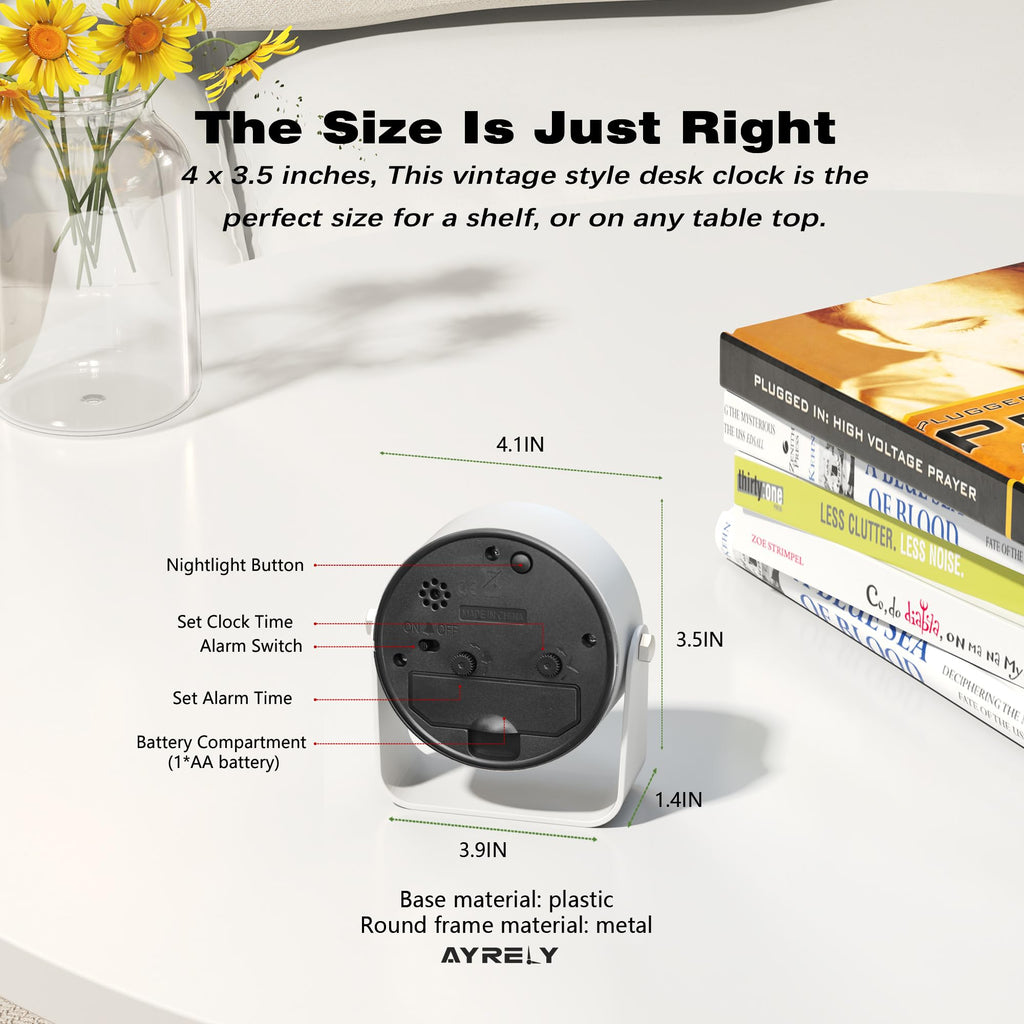 AYRELY 3,5Zoll Analog Wecker–geräuschloser Wecker ohne Ticken, Tischuhr mit verstellbarem Winkel, batteriebetrieben mit Licht (weiß)