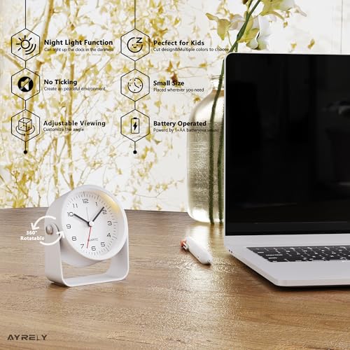 AYRELY 3,5Zoll Analog Wecker–geräuschloser Wecker ohne Ticken, Tischuhr mit verstellbarem Winkel, batteriebetrieben mit Licht (weiß)