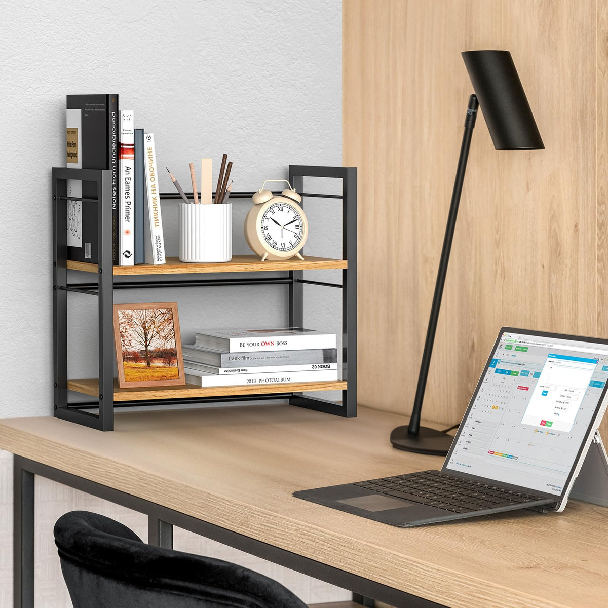 THYGIFTREE Schreibtisch Regal Organizer Aus Holz, Mini Regal Desk Shelf Aufbewahrungsregal für Schreibtisch-Bücherregal, Schreibtischregale für Schreibtischplatte und Kommode (Schwarz)