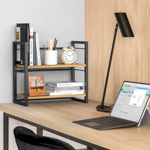 THYGIFTREE Schreibtisch Regal Organizer Aus Holz, Mini Regal Desk Shelf Aufbewahrungsregal für Schreibtisch-Bücherregal, Schreibtischregale für Schreibtischplatte und Kommode (Schwarz)