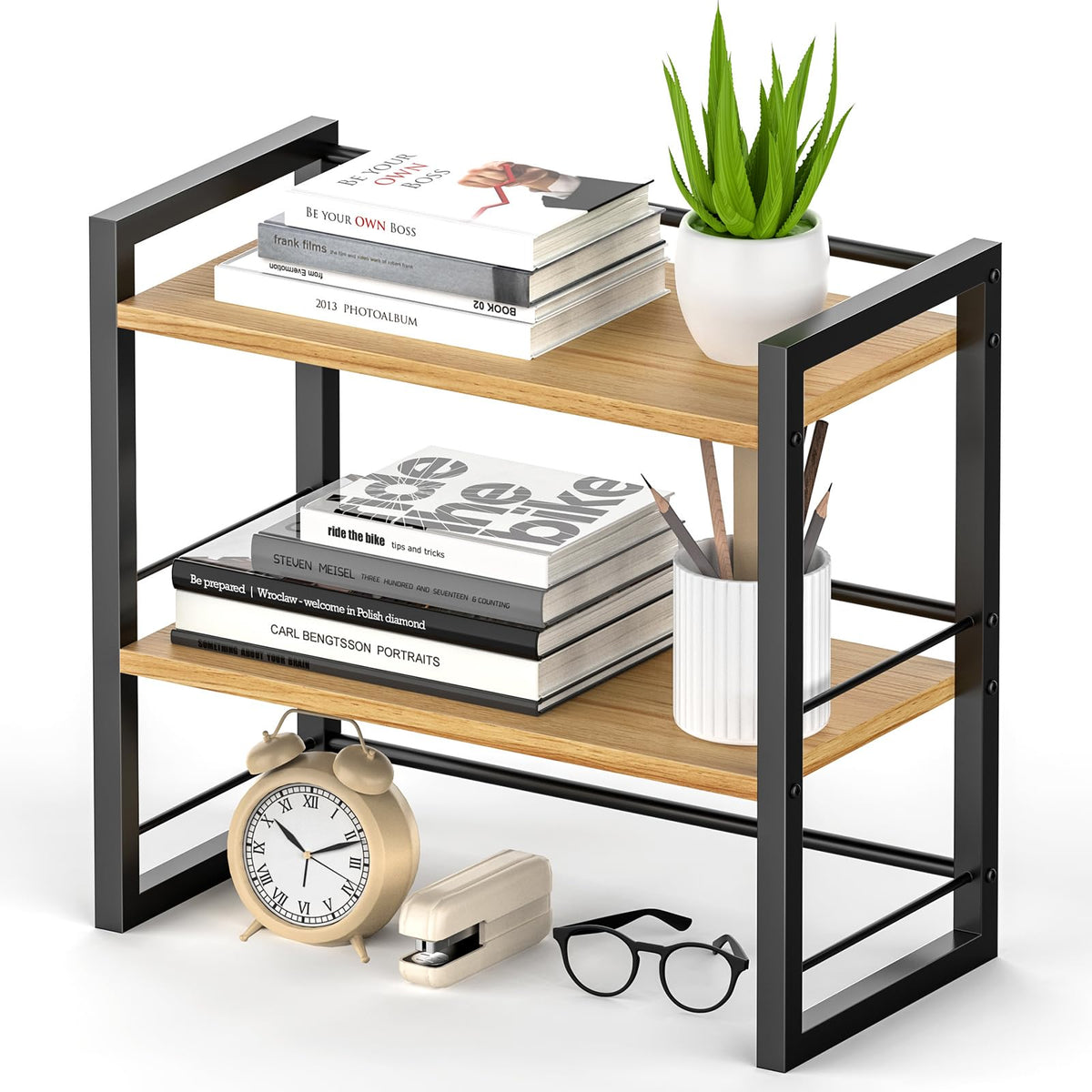 THYGIFTREE Schreibtisch Regal Organizer Aus Holz, Mini Regal Desk Shelf Aufbewahrungsregal für Schreibtisch-Bücherregal, Schreibtischregale für Schreibtischplatte und Kommode (Schwarz)