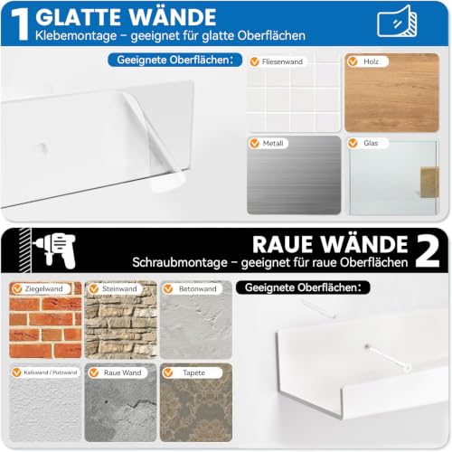 6er-Set Wandregale ohne Bohren, weiße Acryl-Schweberegale zum Kleben, 38 cm
