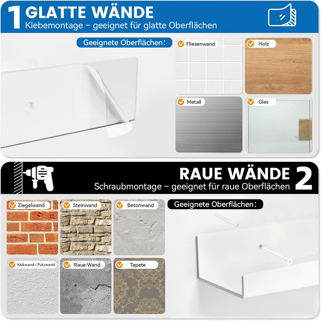 6er-Set Wandregale ohne Bohren, weiße Acryl-Schweberegale zum Kleben, 38 cm