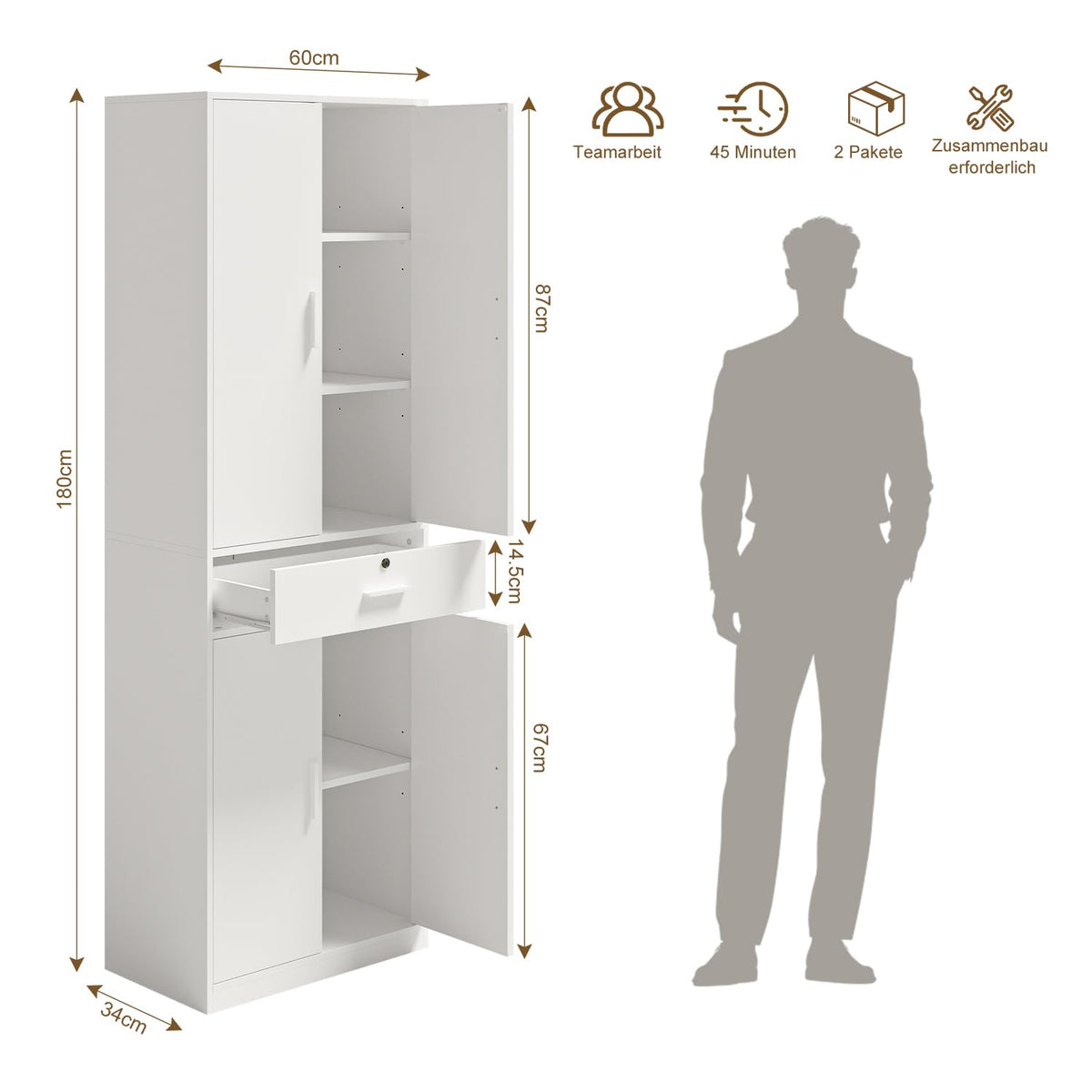 Mehrzweckschrank Büroschrank, Aktenschrank mit Schublade, Weiß