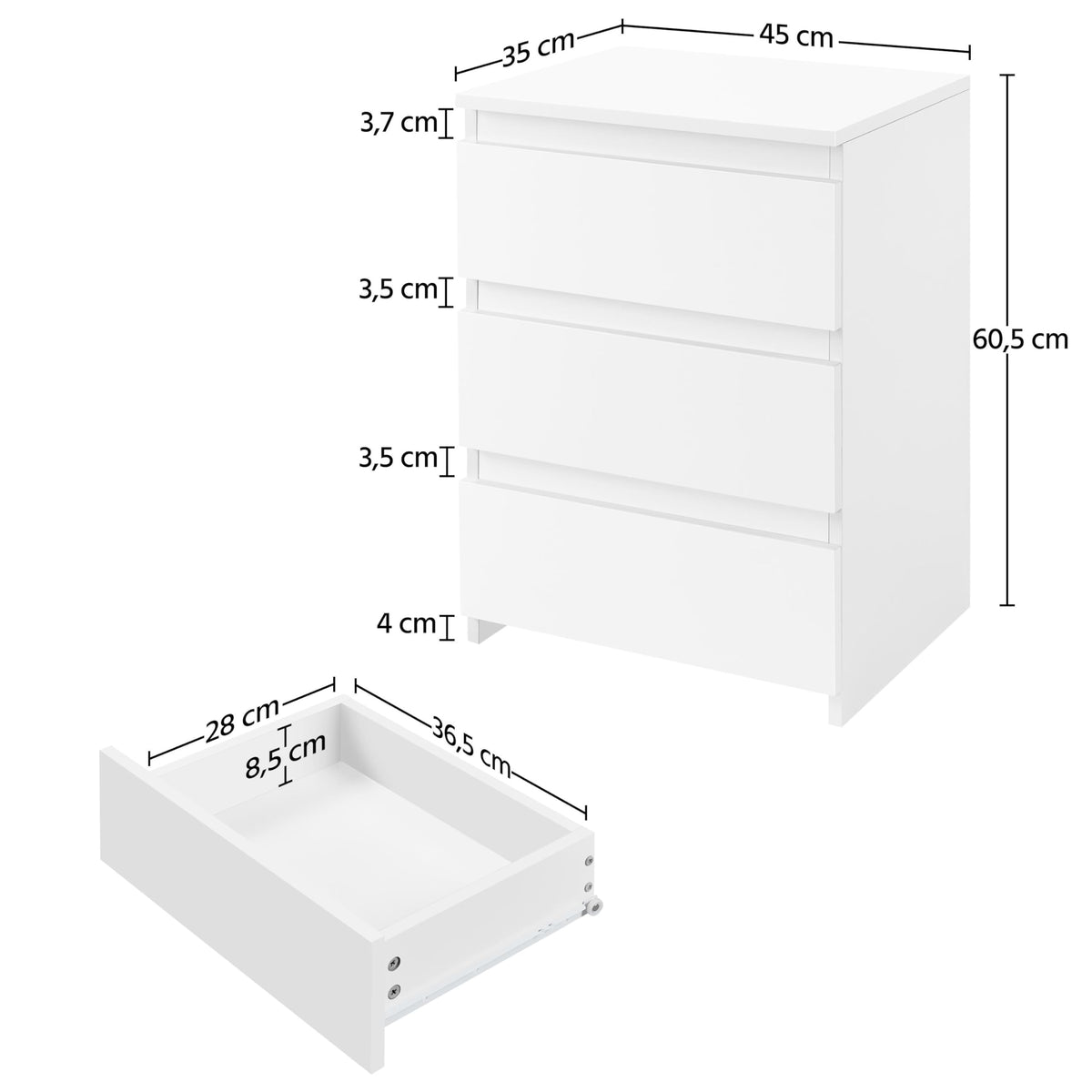 Yaheetech Nachttisch Boxspringbett Nachtschrank Nachtkommode mit 3 Schubladen Schlichter Beistelltisch Sofatisch Schubladenschrank für Schlafzimmer/Wohnzimmer, Weiß