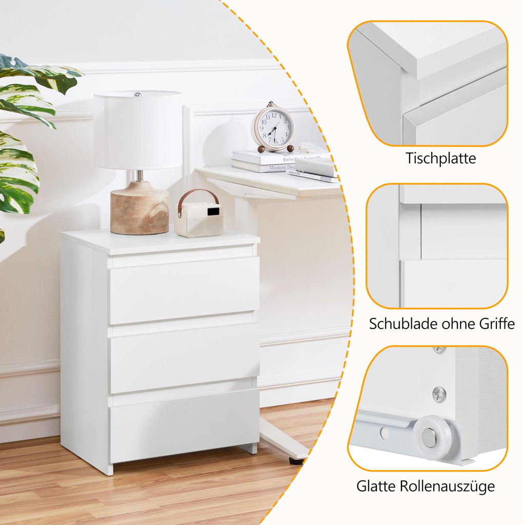 Yaheetech Nachttisch Boxspringbett Nachtschrank Nachtkommode mit 3 Schubladen Schlichter Beistelltisch Sofatisch Schubladenschrank für Schlafzimmer/Wohnzimmer, Weiß