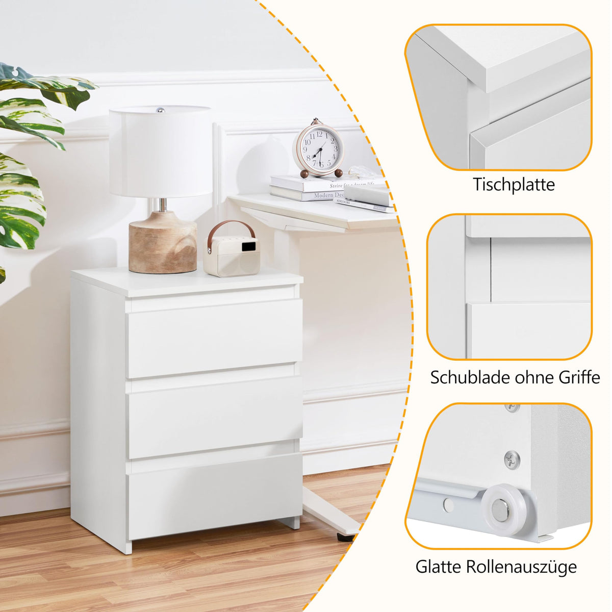 Yaheetech Nachttisch Boxspringbett Nachtschrank Nachtkommode mit 3 Schubladen Schlichter Beistelltisch Sofatisch Schubladenschrank für Schlafzimmer/Wohnzimmer, Weiß