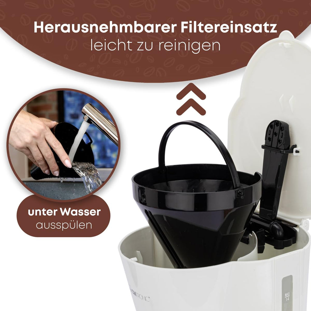Clatronic® Kaffeemaschine | Kaffeeautomat für 12-14 Tassen (ca. 1,5 Liter) | Filterkaffeemaschine mit Nachtropfsicherung und herausnehmbaren Filtereinsatz | 900W | Coffee Machine KA 3473 weiß