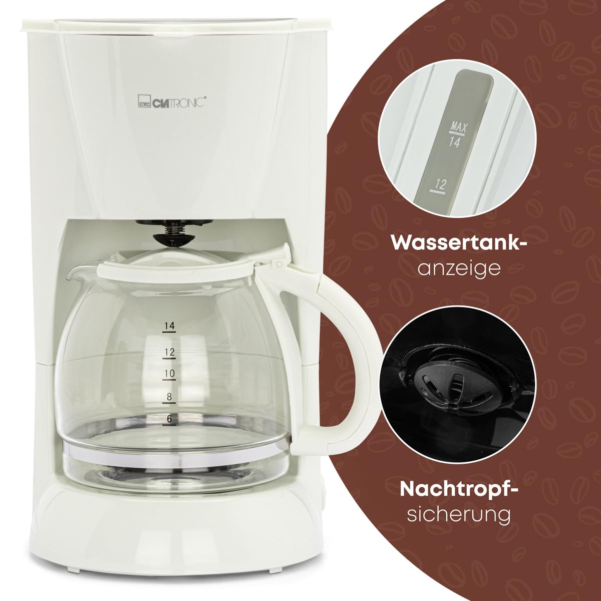 Clatronic® Kaffeemaschine | Kaffeeautomat für 12-14 Tassen (ca. 1,5 Liter) | Filterkaffeemaschine mit Nachtropfsicherung und herausnehmbaren Filtereinsatz | 900W | Coffee Machine KA 3473 weiß
