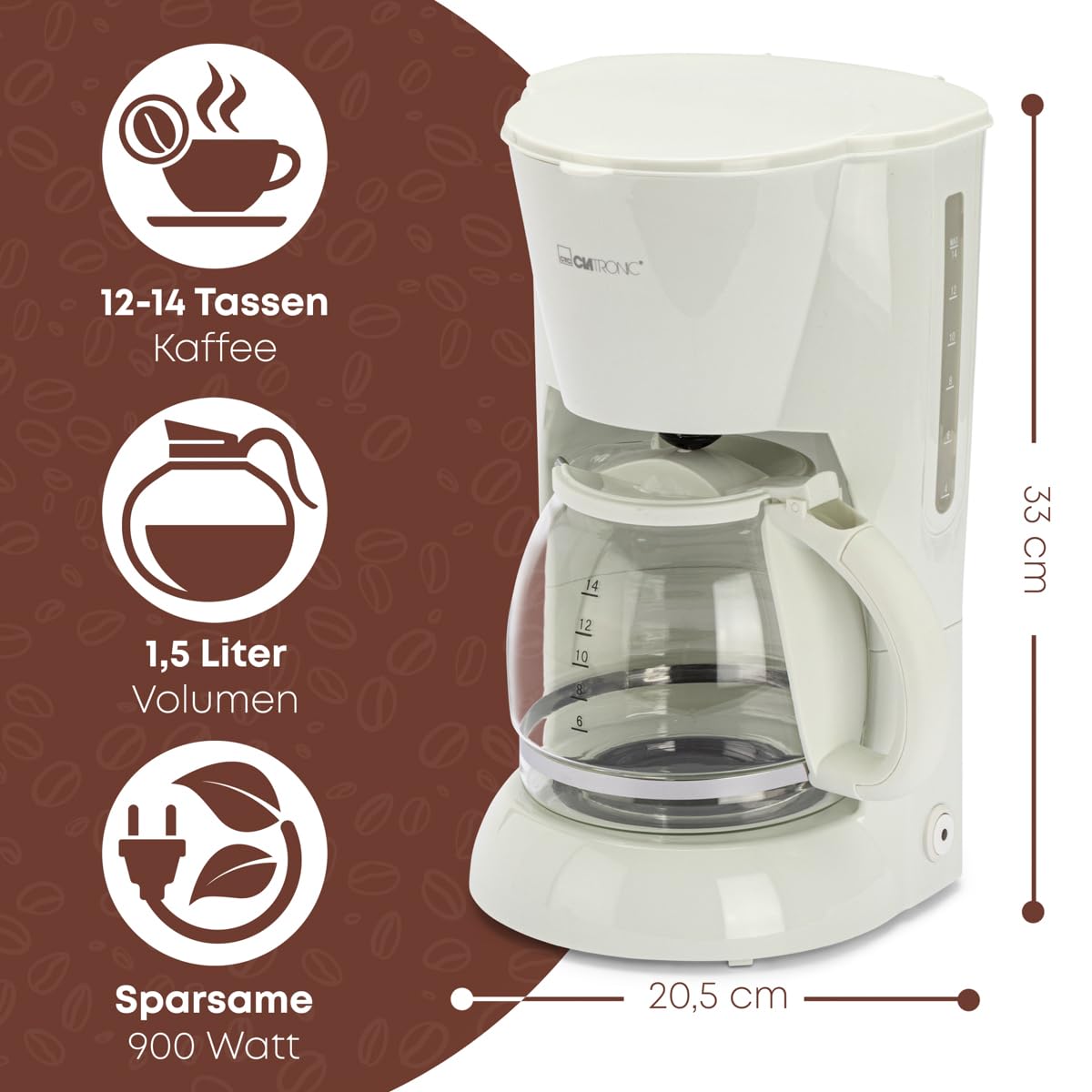 Clatronic® Kaffeemaschine | Kaffeeautomat für 12-14 Tassen (ca. 1,5 Liter) | Filterkaffeemaschine mit Nachtropfsicherung und herausnehmbaren Filtereinsatz | 900W | Coffee Machine KA 3473 weiß