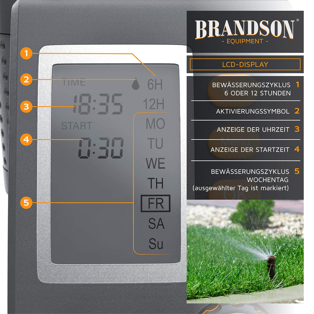 Brandson - Bewässerungscomputer digital mit Display - Wasserzeitschaltuhr - Bewässerungssteuerung - Bewässerungssystem – Bewässerungsprogramm 1 – 240 Minuten – Bewässerung 6h / 12h / tageweise