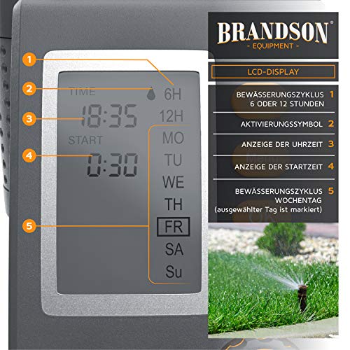 Brandson - Bewässerungscomputer digital mit Display - Wasserzeitschaltuhr - Bewässerungssteuerung - Bewässerungssystem – Bewässerungsprogramm 1 – 240 Minuten – Bewässerung 6h / 12h / tageweise