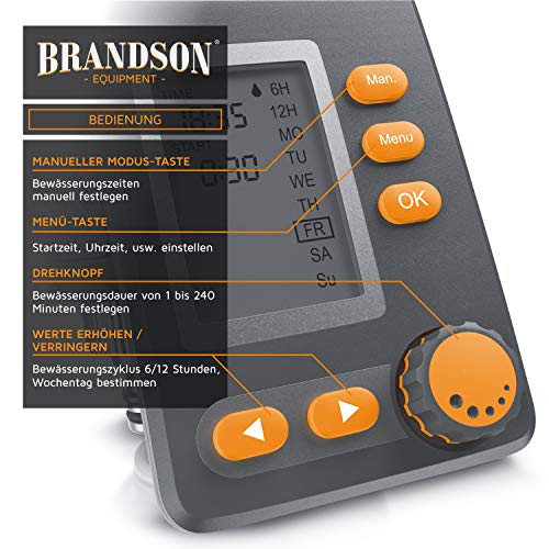 Brandson - Bewässerungscomputer digital mit Display - Wasserzeitschaltuhr - Bewässerungssteuerung - Bewässerungssystem – Bewässerungsprogramm 1 – 240 Minuten – Bewässerung 6h / 12h / tageweise