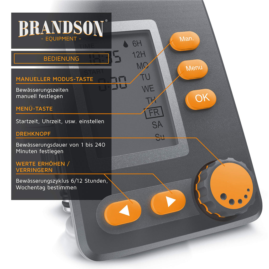 Brandson - Bewässerungscomputer digital mit Display - Wasserzeitschaltuhr - Bewässerungssteuerung - Bewässerungssystem – Bewässerungsprogramm 1 – 240 Minuten – Bewässerung 6h / 12h / tageweise